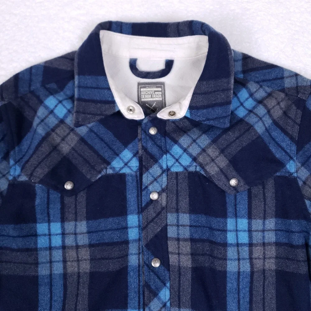 Archive Denim Trade Wool Blend Plaid Shirt‎ Jacket Blue Gray Western Snap M